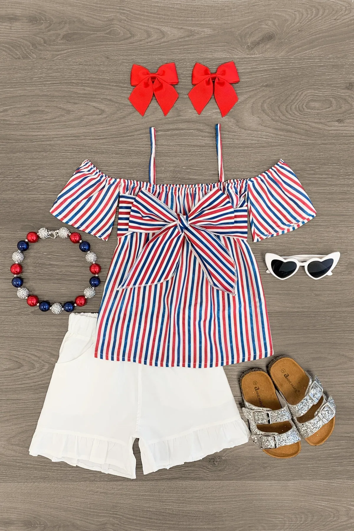 Red, White & Blue Striped Cold Shoulder Short Set