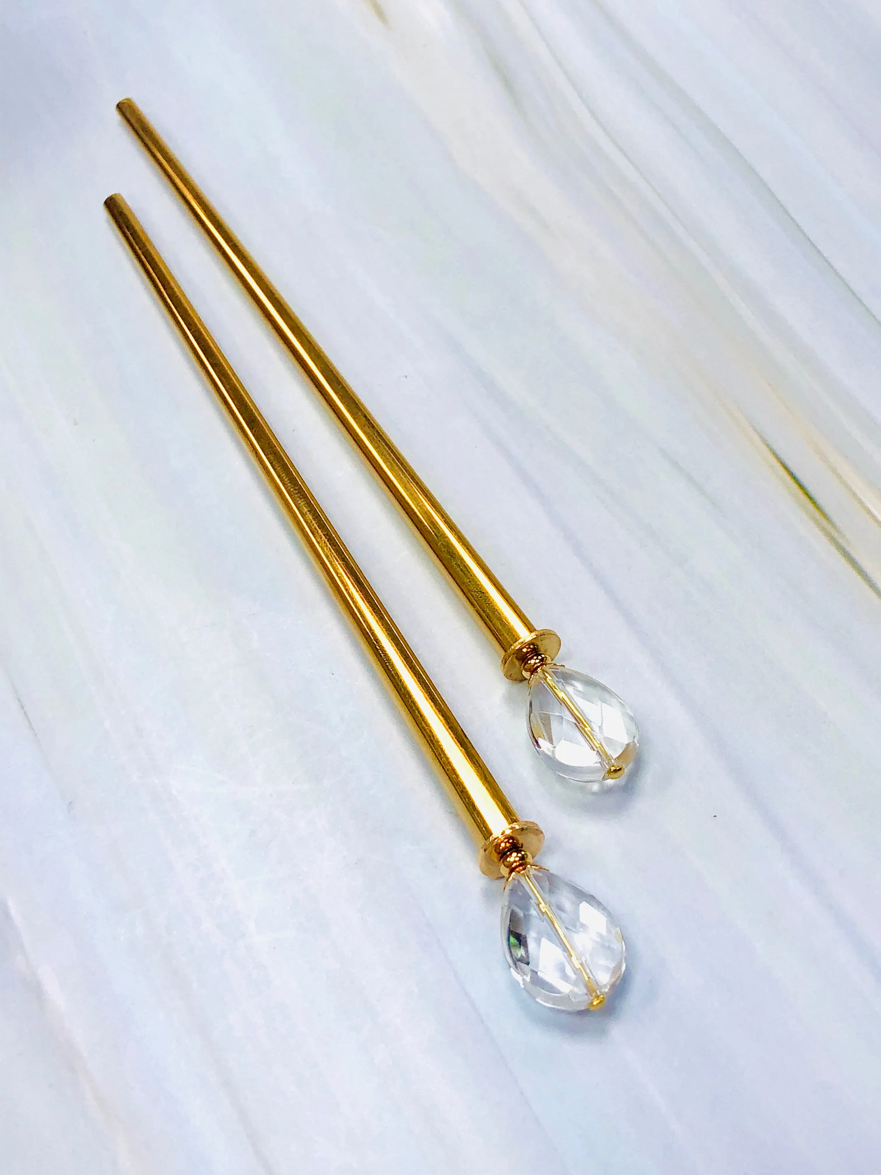 Rock Crystal Teardrop Gemstone Hair Sticks, Luxury Wedding Hair Pins