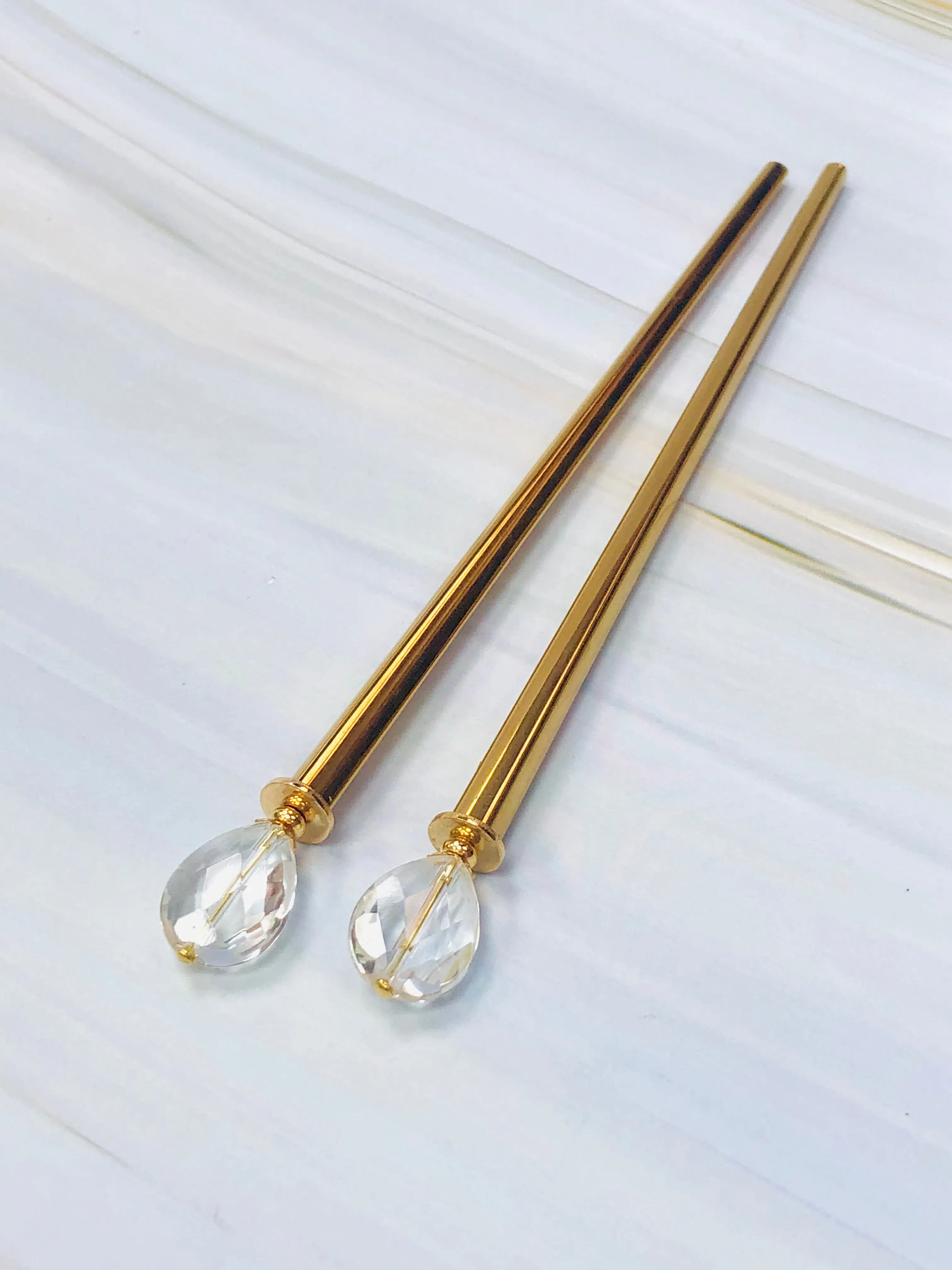 Rock Crystal Teardrop Gemstone Hair Sticks, Luxury Wedding Hair Pins