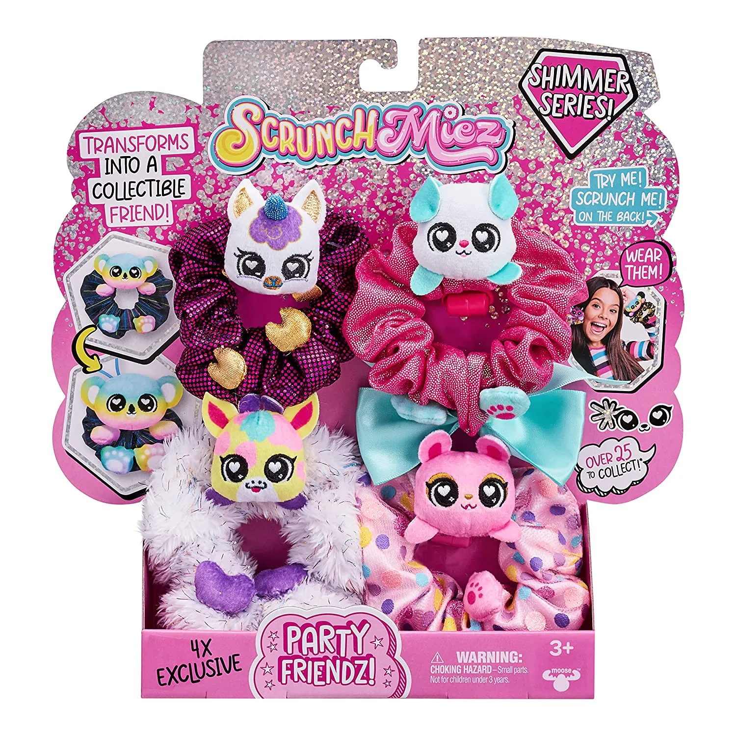 Scrunchmiez 4 Pack Party Friendz Pack, 4 Exclusive That Magically Transform from Hair Scrunchie to Cute Plush