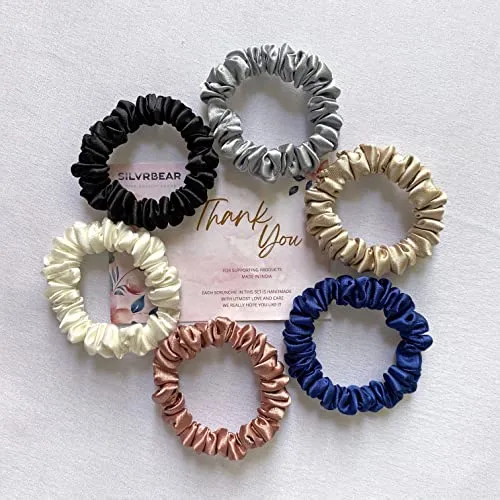 Silvr Bear Luxury Satin Skinny Scrunchies for Women / Girls, Anti Hair-Breakage, Hair Ties, Slim Scrunchies Set for Girls, 𝐒𝐚𝐦𝐞 𝟲 𝐂𝐨𝐥𝐨𝐫𝐬 𝐀𝐬 𝐏𝐢𝐜, Best gift for Sister, Friend, Mom | Classic Skinny