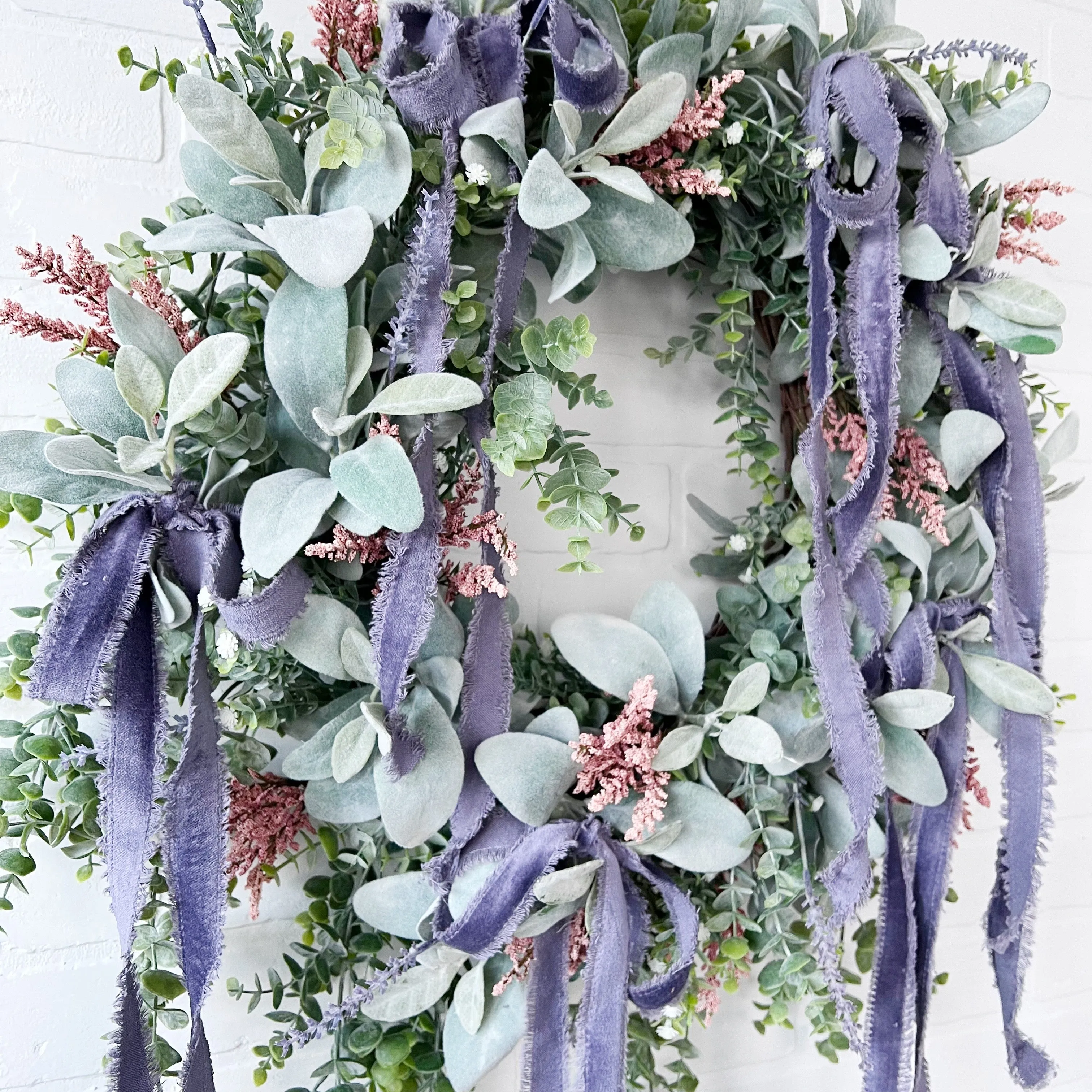 Spring Elegance Front Door Wreath - Artificial Lamb's Ear, Eucalyptus, and Lavender with Draping Velvet Bows