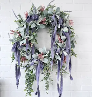 Spring Elegance Front Door Wreath - Artificial Lamb's Ear, Eucalyptus, and Lavender with Draping Velvet Bows