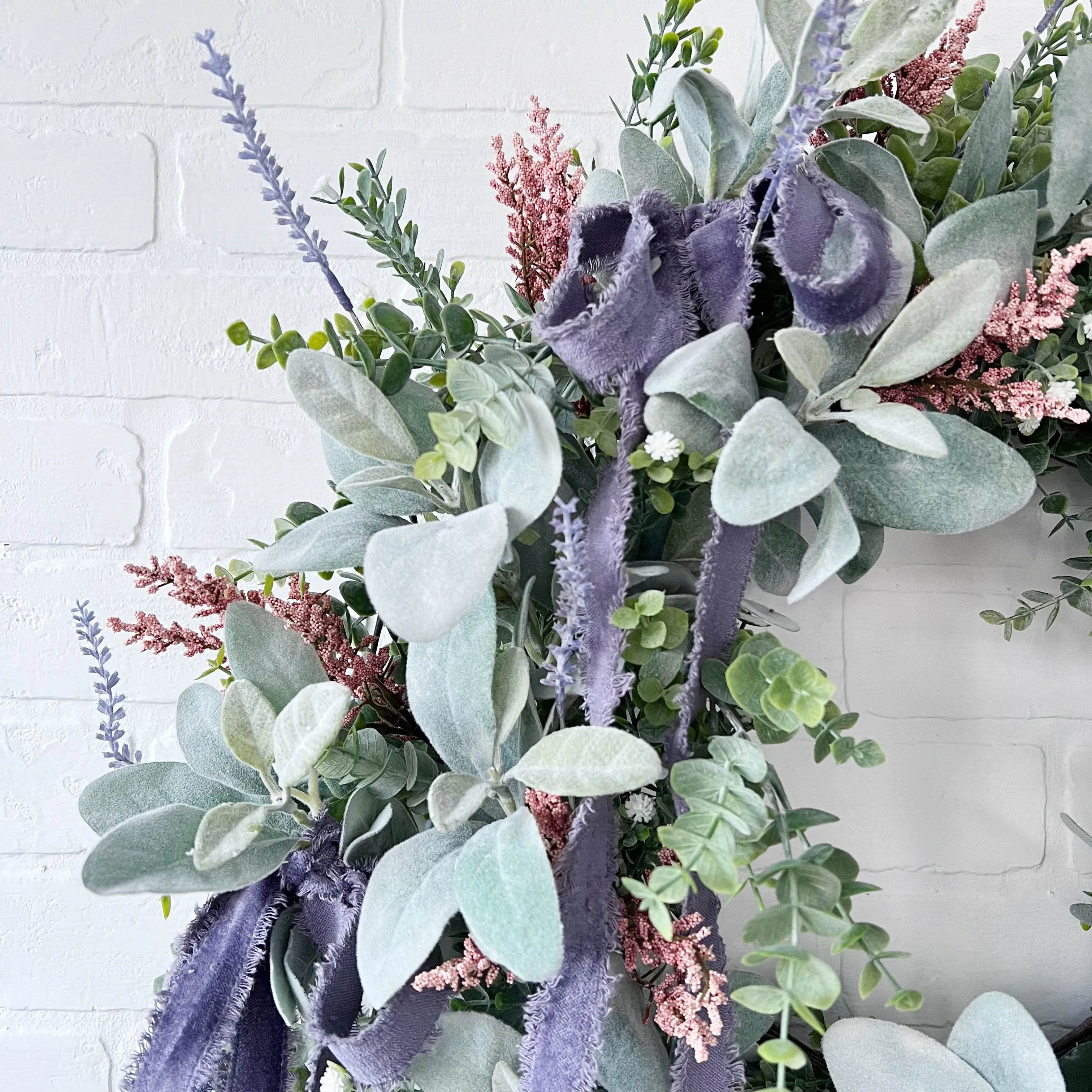 Spring Elegance Front Door Wreath - Artificial Lamb's Ear, Eucalyptus, and Lavender with Draping Velvet Bows