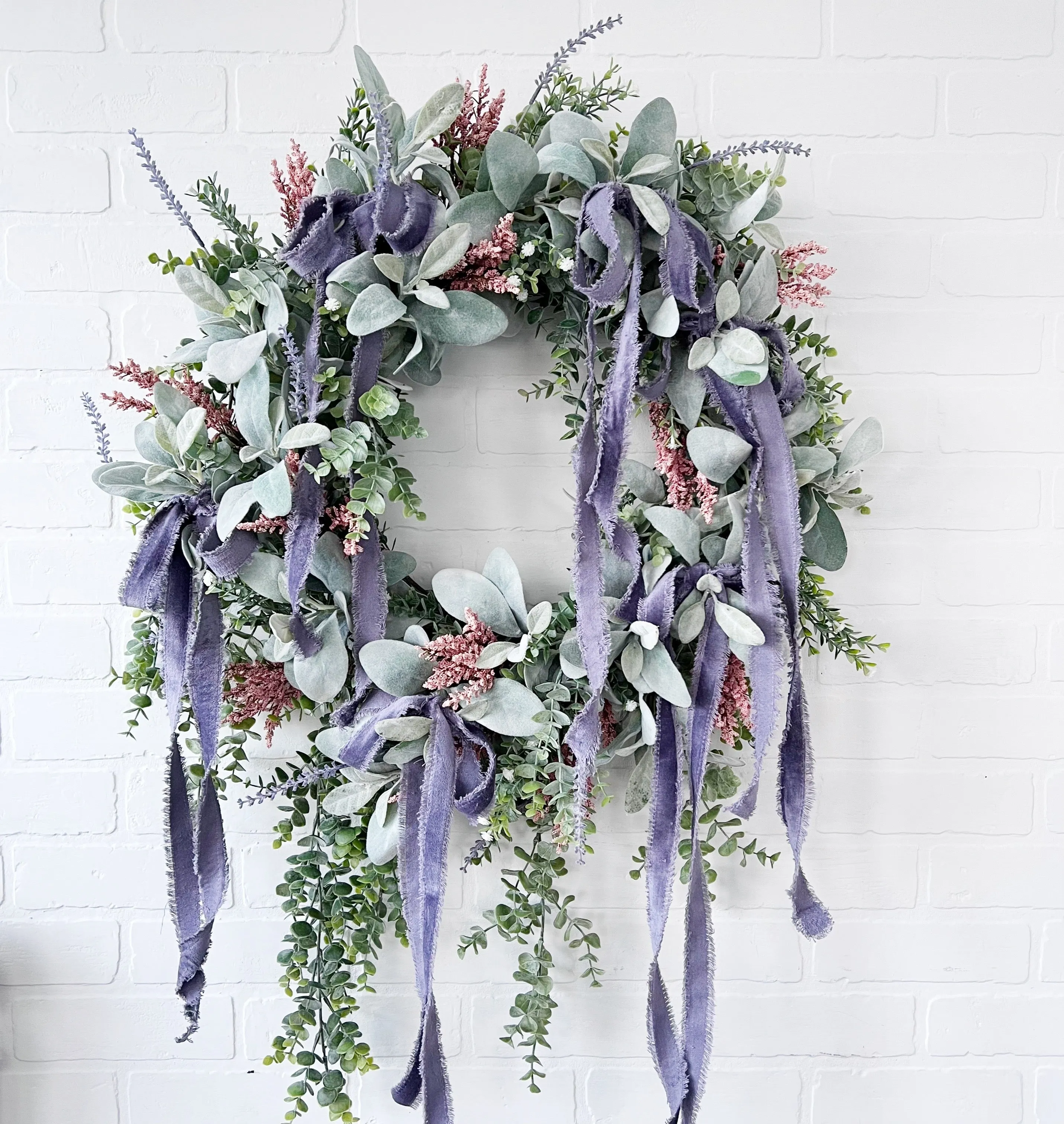 Spring Elegance Front Door Wreath - Artificial Lamb's Ear, Eucalyptus, and Lavender with Draping Velvet Bows