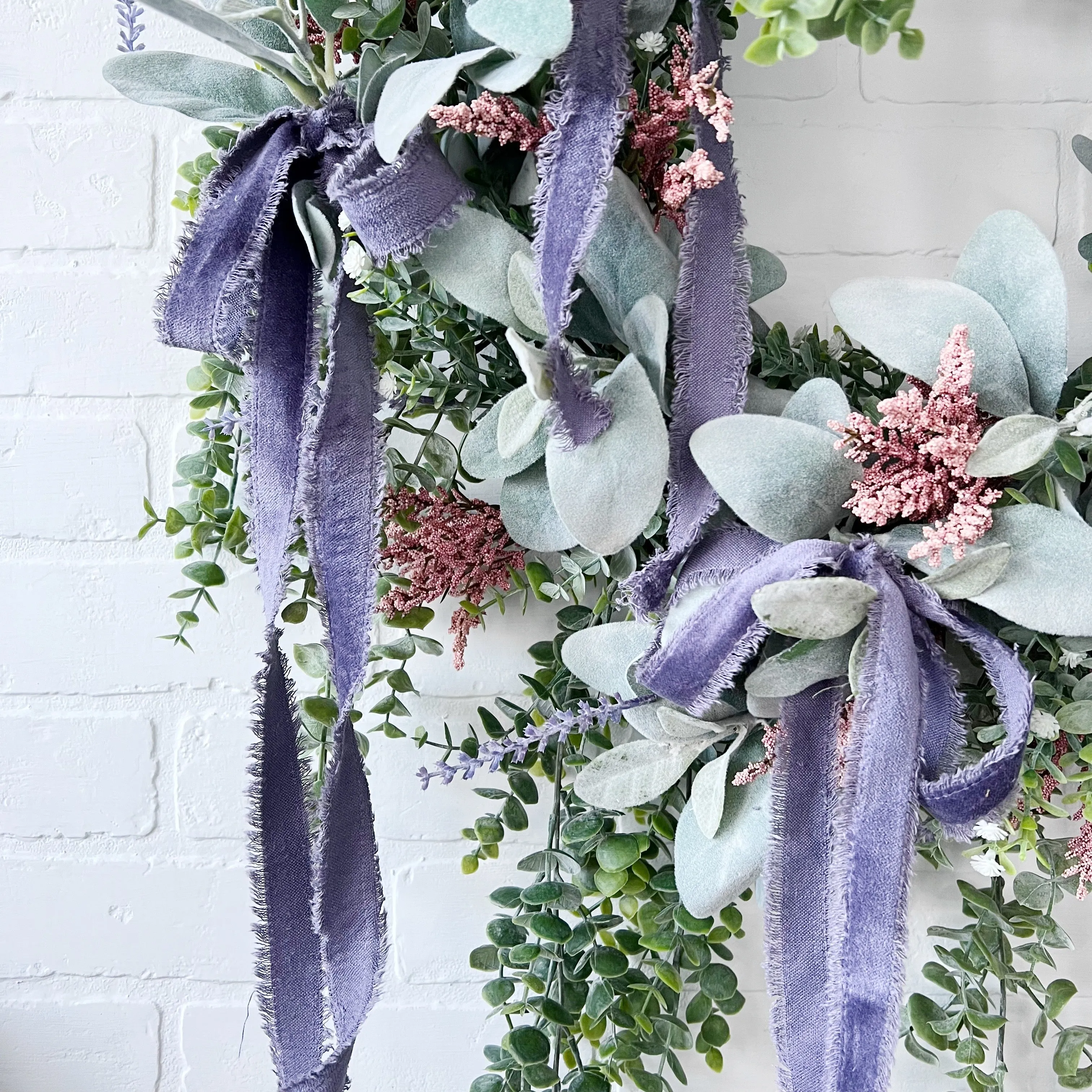 Spring Elegance Front Door Wreath - Artificial Lamb's Ear, Eucalyptus, and Lavender with Draping Velvet Bows