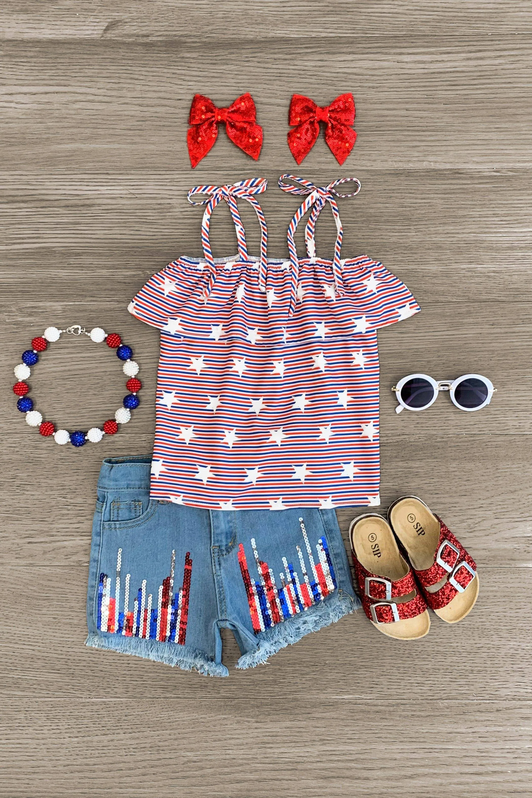 Stars & Stripes Ruffle Sequin Denim Short Set