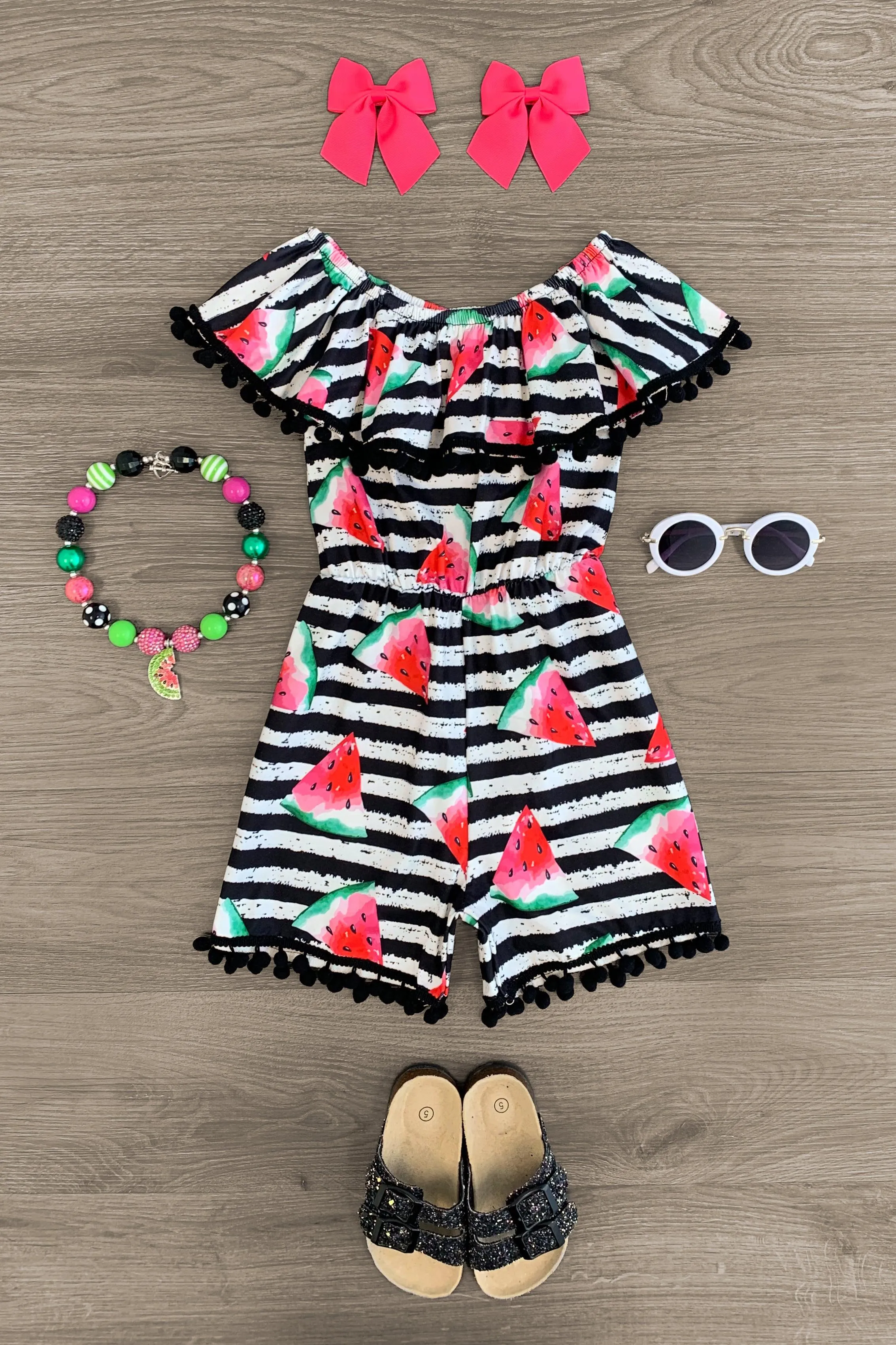 Striped Pom Pom Watermelon Romper