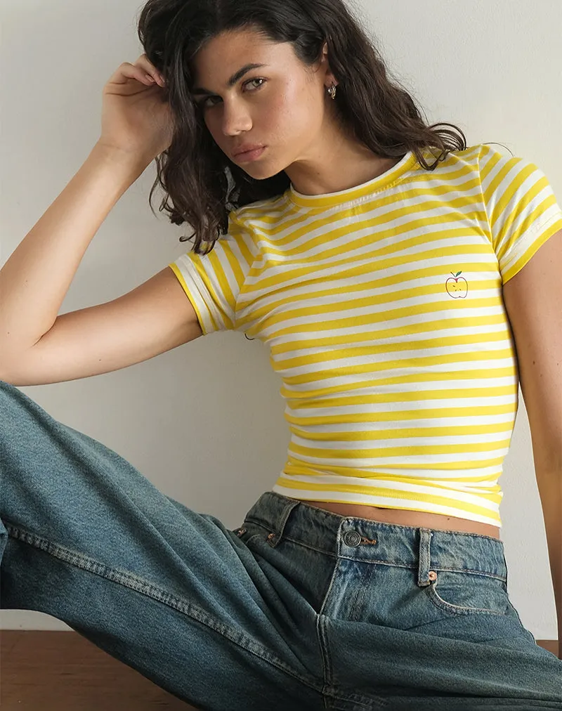 Sutin Tee in Yellow with White Stripe Apple Print