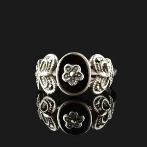 Vintage Arts and Crafts Style Silver Onyx Marcasite Ring