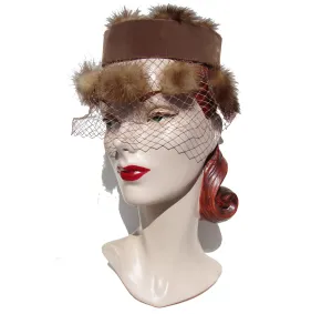 Vintage Mink Hat Pillbox Pom Pom Cocktail Hat