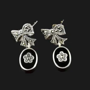 Vintage Onyx Marcasite Silver Bow Earrings