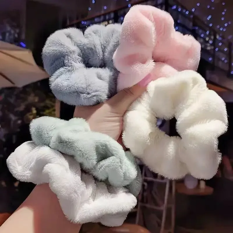 Women's Solid Color Cute Soft Plush Elastic Scrunchie Hair Ties